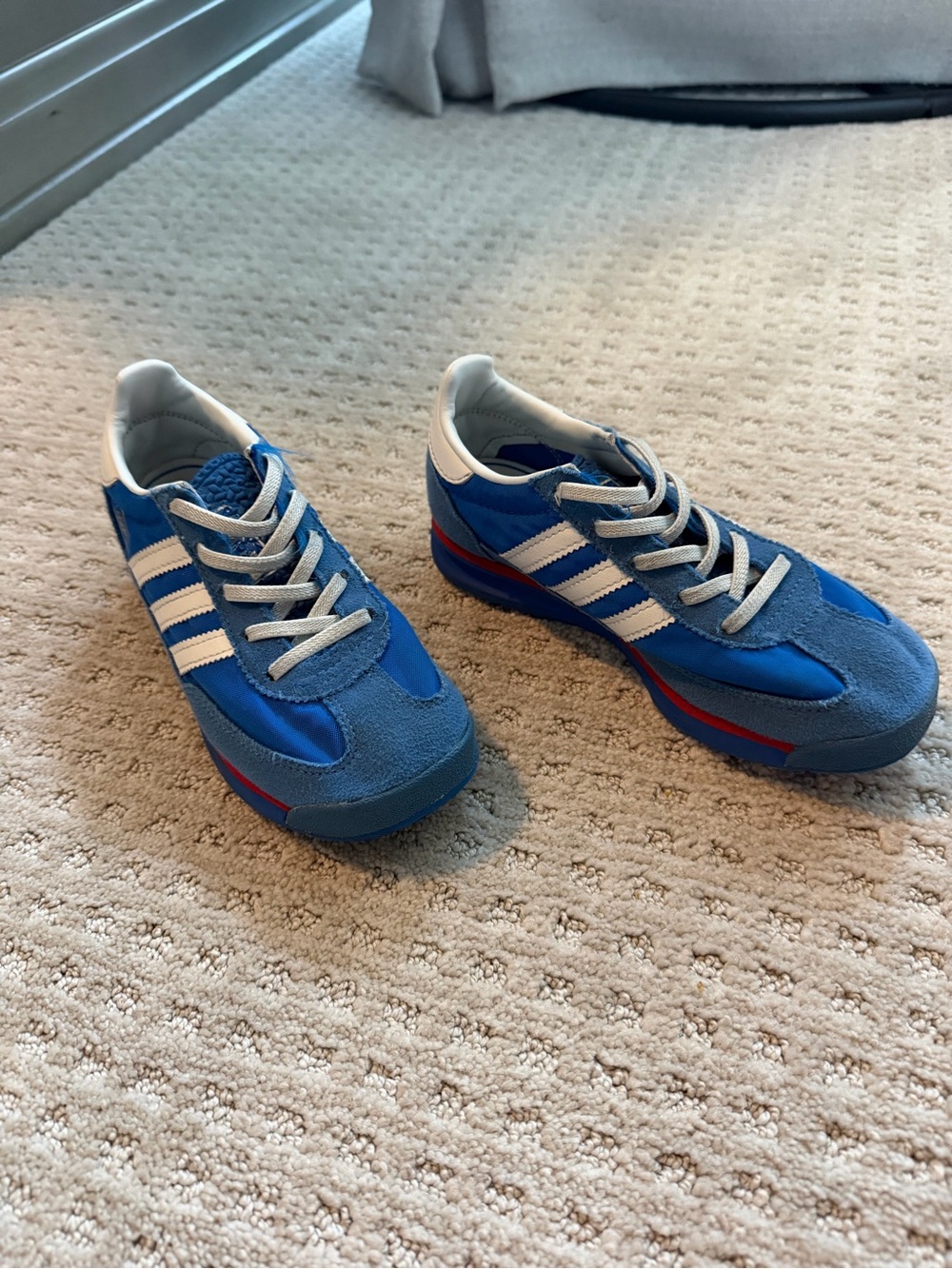 adidas Kids Blue Sneakers with White Stripes and Red Accent